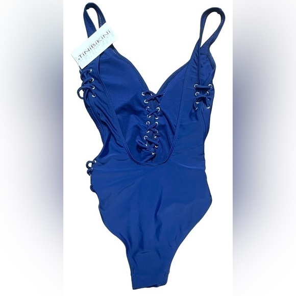 NWT TiniBikini Swimwear Blue Deep V Lace Up One Piece Swimsuit Size Small Sexy! - Picture 9 of 16